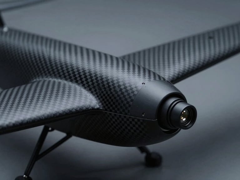 Macro detail shot of a carbon-fiber UAV wing joint and optical sensor payload, high-contrast cool laboratory lighting, matte black textures.