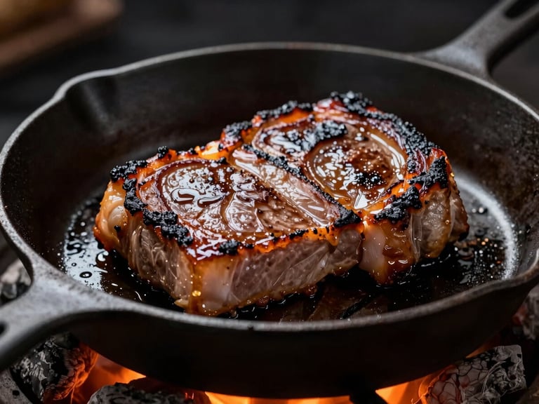 Moody editorial food photography, close-up of thick wood-fired pork chop searing in a cast-iron pan over glowing orange cherrywood embers, dark soot-black background, 35mm