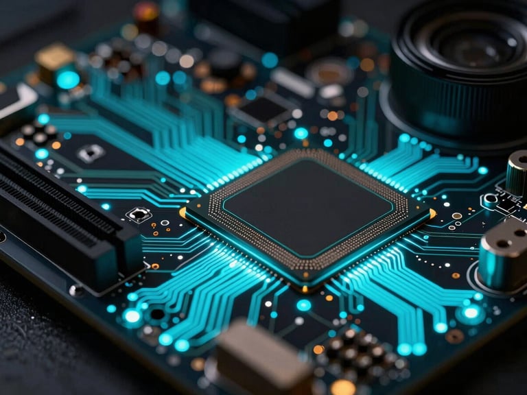 Extreme close-up of a consumer GPU circuit board, glowing cyan traces, low-key lighting, dark metallic background, 35mm lens