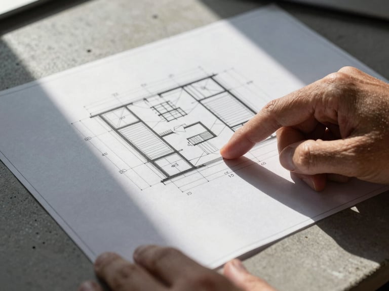 Extreme close-up of structural architectural blueprints laid out on a dark concrete table, sharp morning light casting long shadows across the paper, hands of an advisor pointing to a detail, high-contrast.
