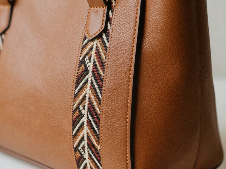 Macro details of a structured leather bag featuring a perfectly integrated geometric tenun textile accent, warm studio light