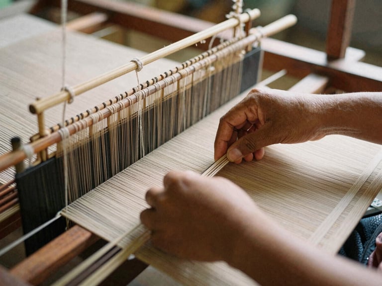 Hands of an Indonesian artisan weaver working on a traditional wooden loom, warm natural side-light, shallow depth of field