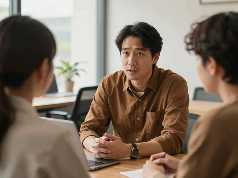 Warm editorial photograph of a mentor and mentee having a focused discussion in a modern office setting, natural morning light, rich earthy tones, medium depth of field, authentic documentary style.