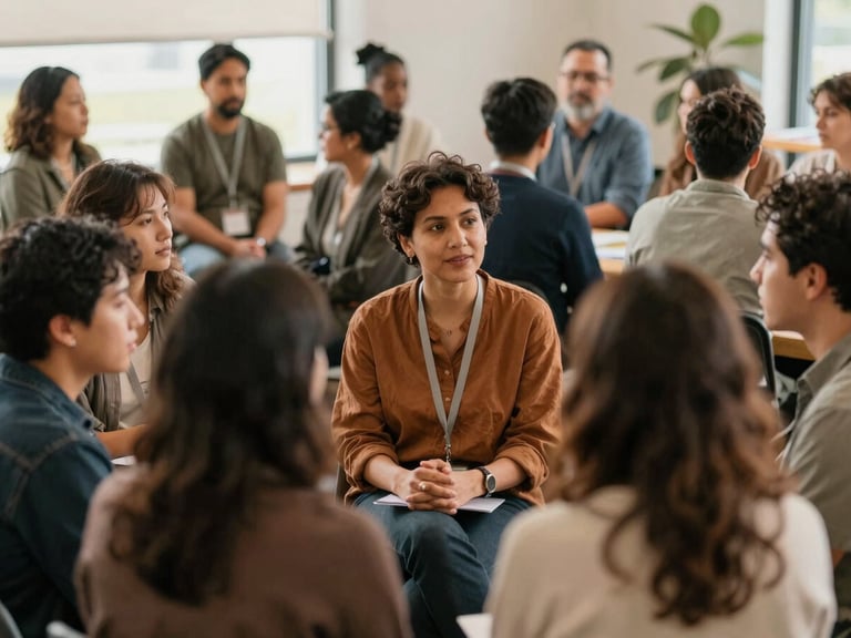 Warm editorial photograph of a diverse group of professionals engaging in conversation at a community event, natural morning light, rich earthy tones, medium depth of field, authentic documentary style.
