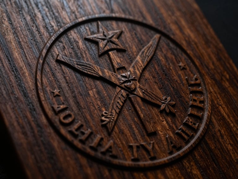 Detailed macro shot of a military emblem laser-engraved on a rich oak plaque, dramatic side lighting highlighting the micro-details of the seal