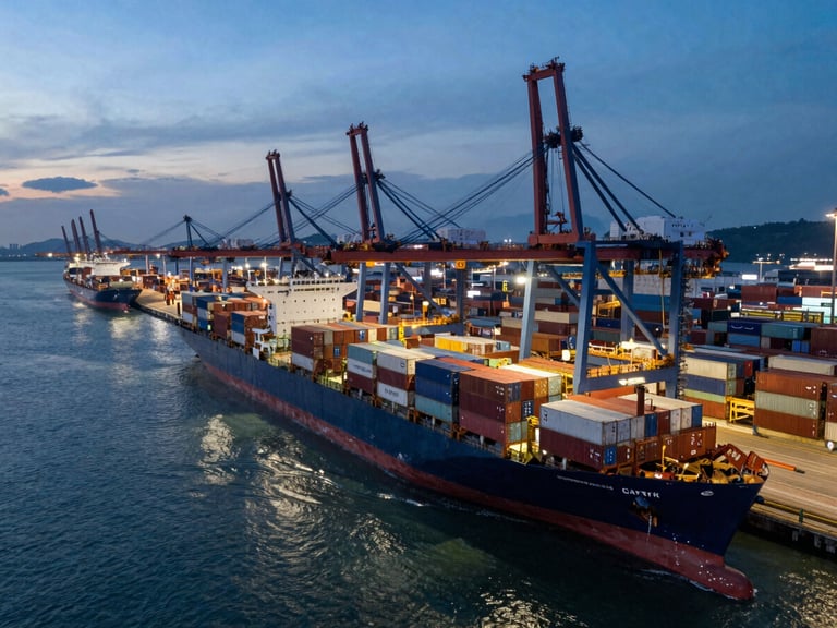 A sweeping drone shot of Port Klang container terminals at dusk, massive gantry cranes loading a container ship, deep blue water, high contrast lighting.