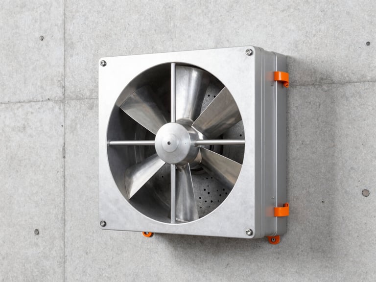 High contrast shot of a square industrial side-wall exhaust fan mounted on a concrete factory wall, metallic steel blades visible