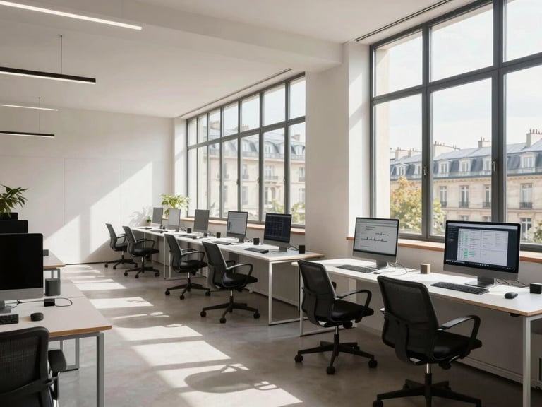 Wide architectural shot of a modern Parisian tech workspace, bright natural daylight streaming through large windows, minimalist desks with clean screens showing analytics.
