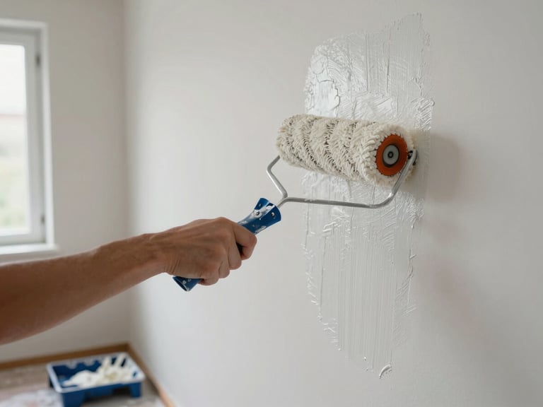 Painter mid-stroke applying paint to a wall with a roller, arm extended, natural daylight from a nearby window, paint tray visible on the protected floor below, motion captured mid-task