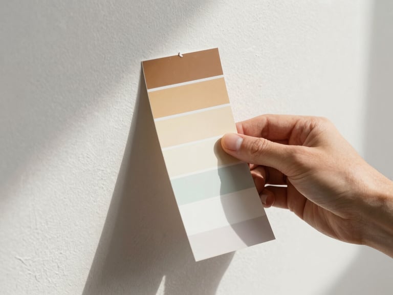 Close-up of a painter's hand holding a paint chip swatch against a wall surface in natural daylight, the wall texture visible, color sample centered in frame with crisp edges