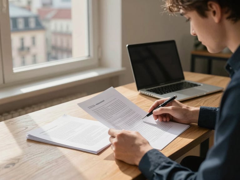 Young professional at a wooden desk reviewing printed documents, natural window light from the left casting soft shadows, pen resting on annotated pages, a laptop open in the background, European city view through the window, warm calm atmosphere