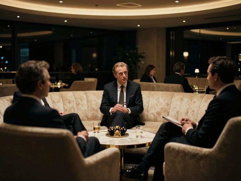 Cinematic wide-angle shot of a distinguished executive in deep conversation at a dimly lit VIP lounge, dramatic chiaroscuro lighting, deep obsidian and champagne gold tones, 35mm film grain