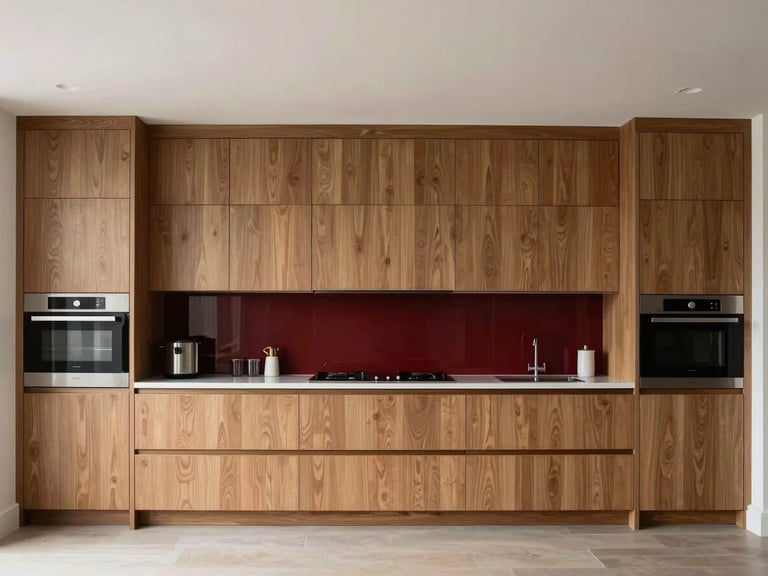 Straight-on architectural photograph of a luxury London townhouse kitchen, seamless custom oak cabinetry with aligned grain patterns, soft natural overcast daylight, rich desaturated tones with subtle deep red accents, 35mm lens.