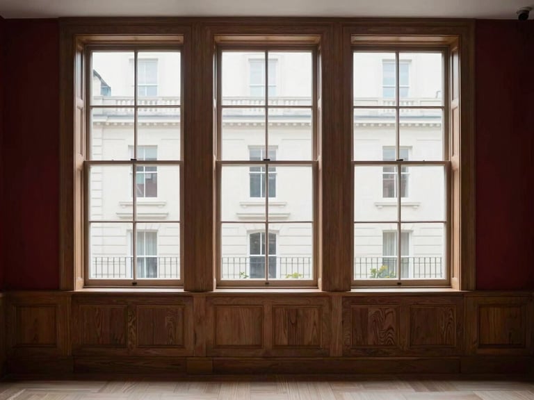 Straight-on architectural photograph of a luxury Belgravia townhouse interior, custom oak wall paneling, soft overcast daylight through sash windows, minimalist furniture, 35mm lens