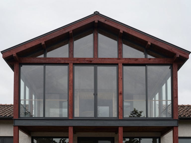 Symmetrical architectural shot of a structural residential extension, steel frame integrated with bespoke timber beams, soft overcast daylight through large glass panes, 35mm lens.