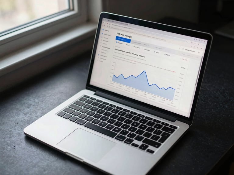 Overhead shot of a workspace with an open laptop displaying a Meta Ads Manager screen showing campaign spend, ROAS columns, and a conversion trend line chart, cool daylight from a side window, dark desk surface, no people visible