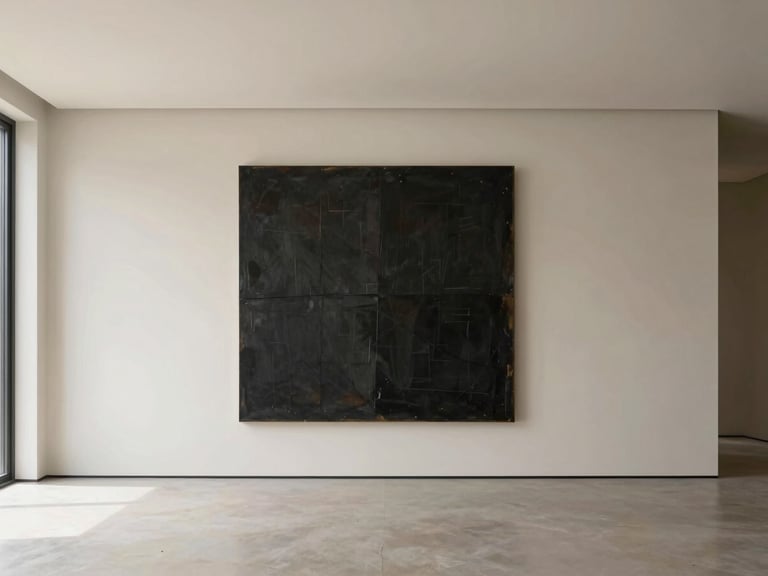 Minimalist private residence interior, large scale dark abstract painting on bone-colored wall, soft natural light, wide angle