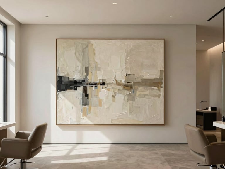 Wide environmental medium shot of a high-end minimalist residential salon, a large-scale contemporary abstract painting with rich texture on a bone-colored wall, soft natural architectural daylight, medium format, architectural scale.