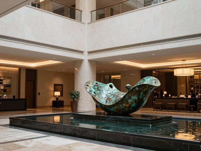 Luxury hotel lobby with high ceilings, a monumental bronze sculpture near a reflecting pool, warm ambient gallery lighting, medium format