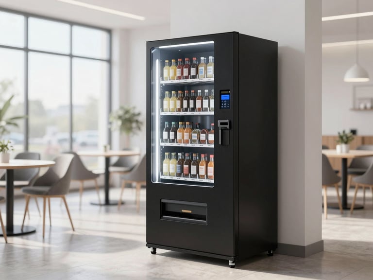 Sleek matte-black contactless vending machine standing in a sunlit, modern office cafeteria, minimalist aesthetic, sharp focus, bright editorial photography, 35mm
