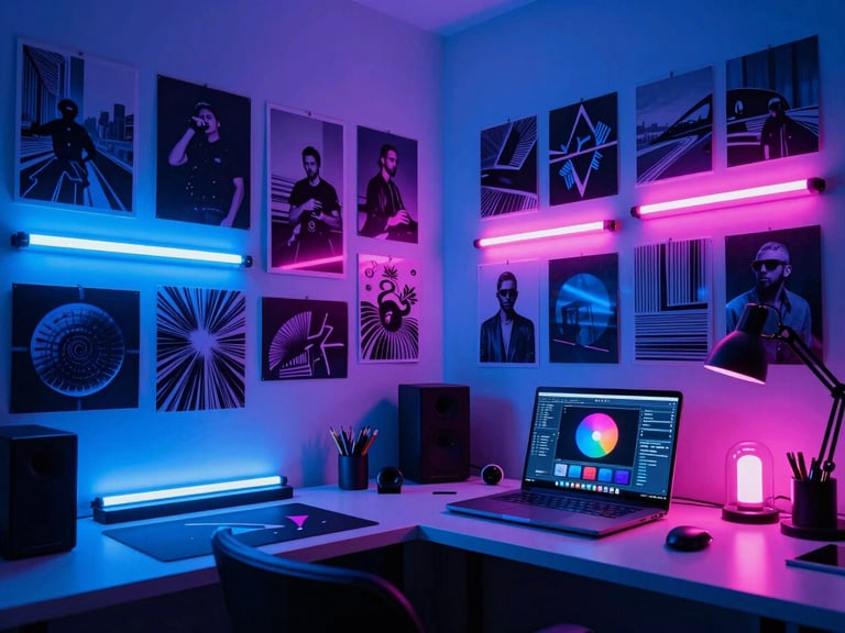 Wide-angle shot of a cluttered but organized creative workspace, with mood boards featuring high-contrast imagery, neon signs, and a laptop displaying design software, lit by electric blue light.