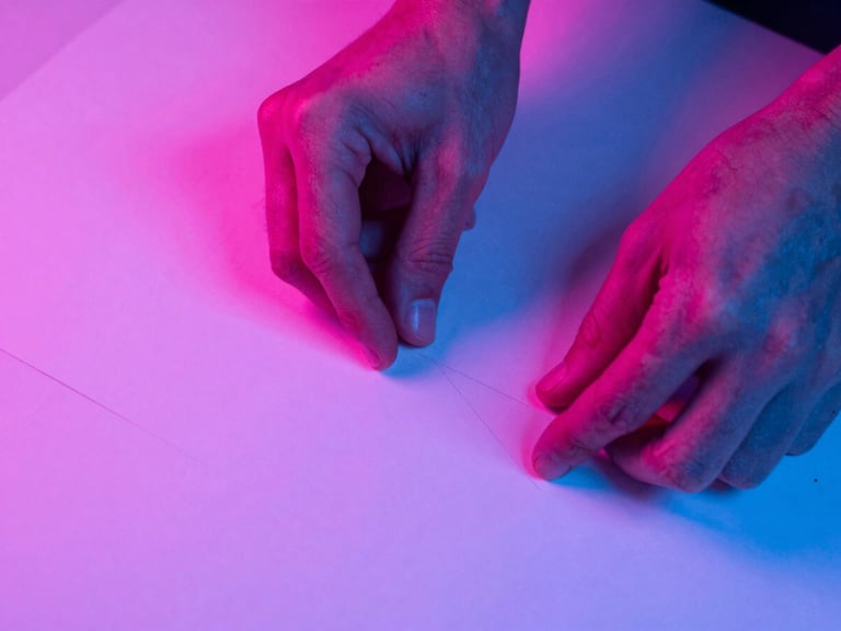 Close-up of a designer arranging physical mockups on a workbench, with sharp shadows and highlights from a flash, saturated with vibrant pink and blue gels, showing texture and depth.