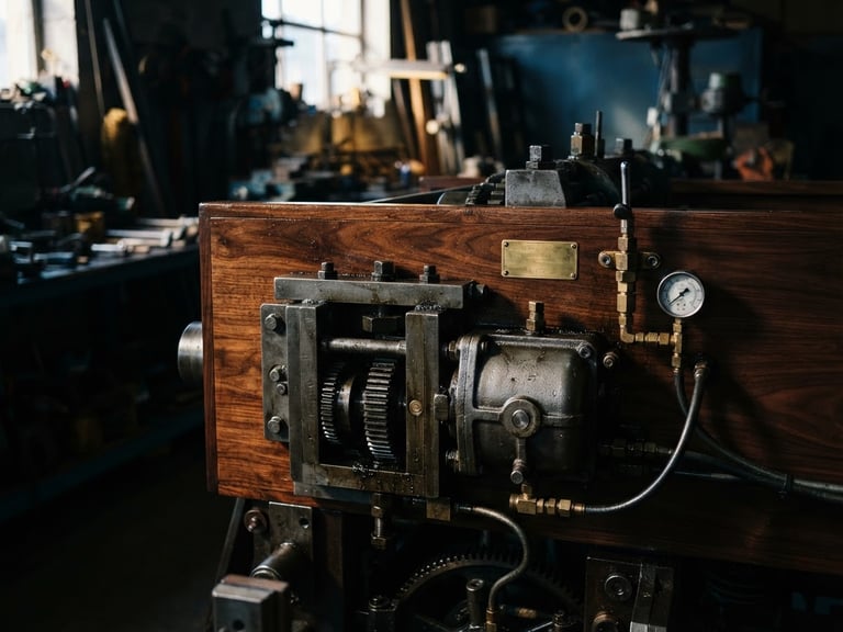Close-up of industrial machinery and polished dark wood texture, dramatic workshop lighting, sharp focus, 35mm