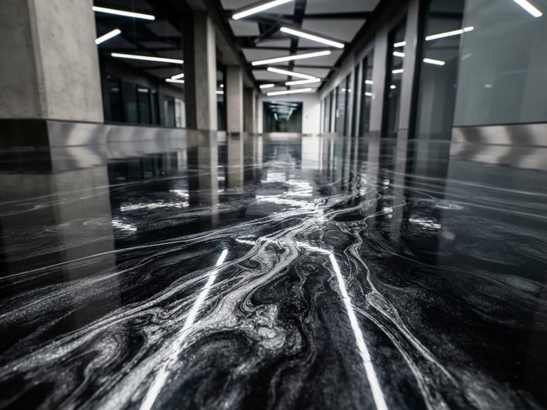 Low-angle macro shot of a glossy carbon black epoxy floor with metallic silver veins, reflecting bright overhead studio light, sharp architectural details