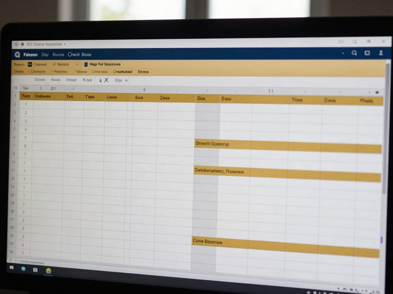 Macro shot of a clean digital workspace setup, complex spreadsheets on a monitor, structured architectural lines, sharp high-contrast window light, deep navy and gold tones.