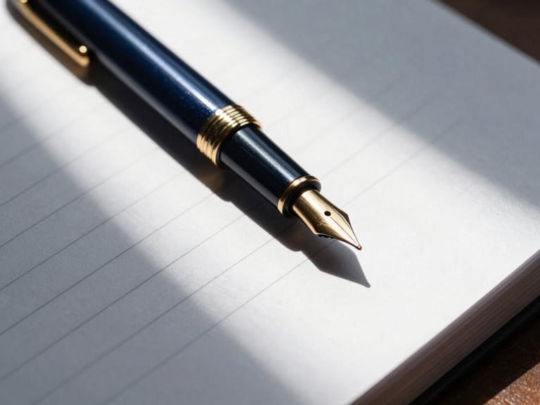 Close-up of a fountain pen on a financial ledger, crisp white pages, sharp shadows, high-contrast executive lighting, deep navy and gold tones.