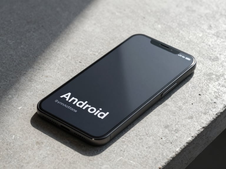 High-fidelity Android UI mockup on a matte black device resting on a clean concrete desk, sharp shadows, cool diffused daylight, focus on crisp typography