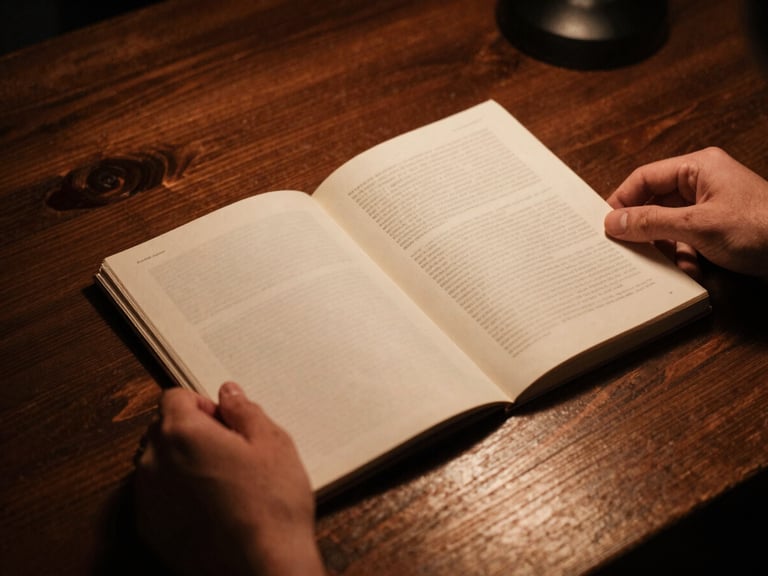 Close-up of hands holding a vintage printed independent zine on a dark wooden table, warm copper spotlight, moody shadows, authentic analog grain.