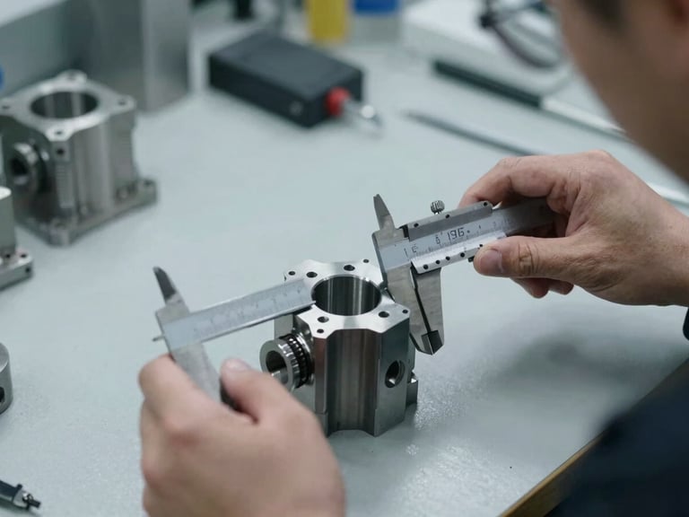 Engineers examining a newly machined prototype part on a clean workbench, calipers on the part, cool industrial lighting, focused hands.
