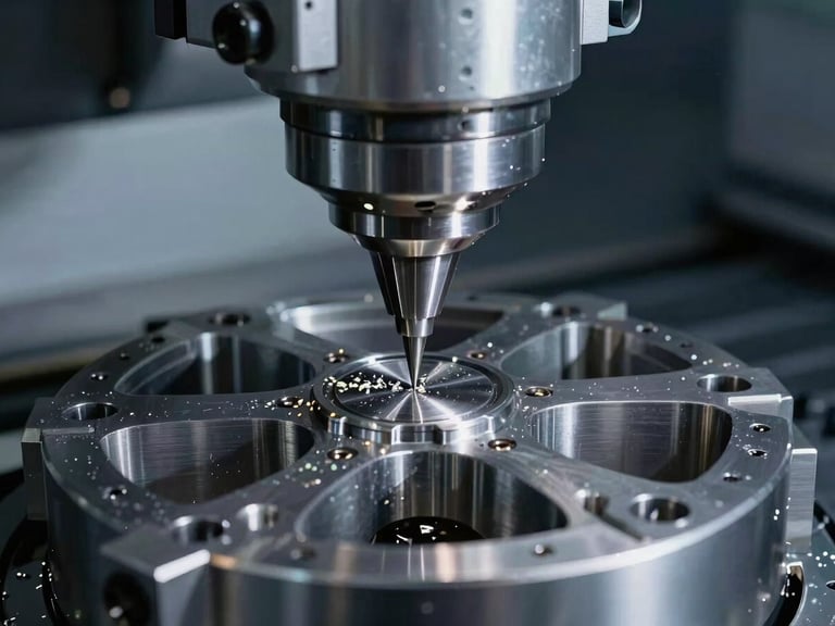 Close-up of a 5-axis CNC milling machine cutting a complex aerospace component, cool industrial lighting, sharp focus on the tool and metal chips, macro detail.