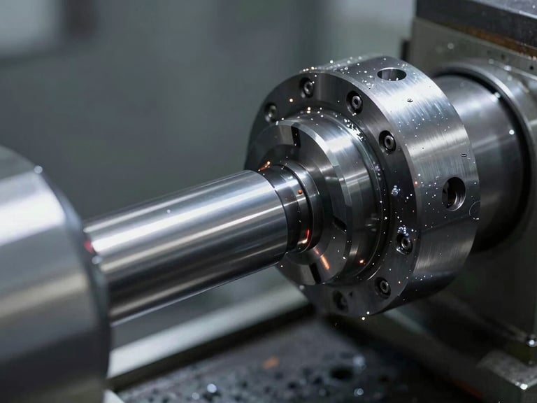 Close-up of a CNC lathe turning a metal shaft, cool industrial lighting, sparks and coolant visible, sharp focus on the cutting tool, macro detail.