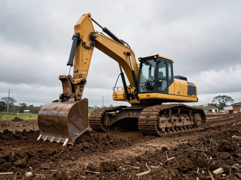 Low-angle wide shot of a heavy-duty trencher cutting a clean, deep line through dark soil under overcast skies
