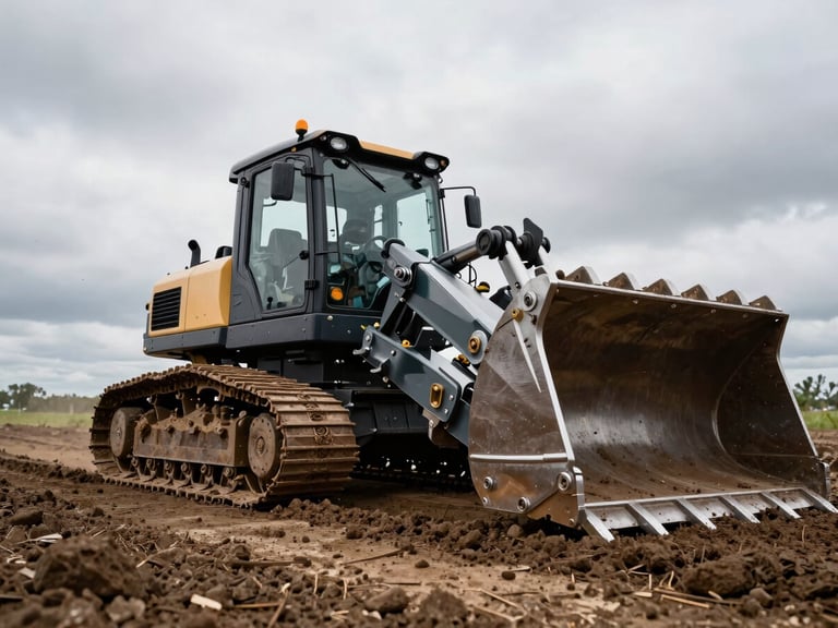 Low-angle wide shot of a heavy-duty trencher cutting a clean line through dense soil under overcast skies, emphasizing metallic textures and mechanical scale.