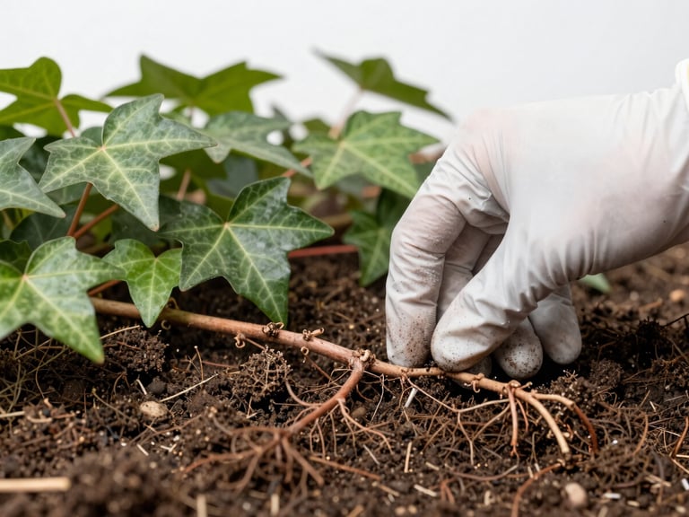 Macro detail shot of gloved hands carefully tracing a thick poison ivy root system out of rich Essex County soil, bright overcast daylight, shallow depth of field