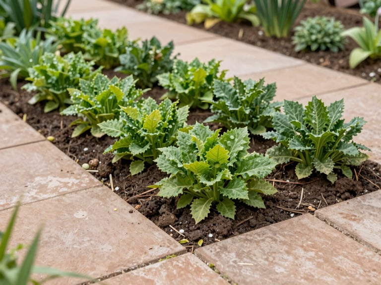 Clean medium-wide environmental shot of a tidy garden bed with cleared soil next to an established stone path, no trace of overgrowth, crisp daylight