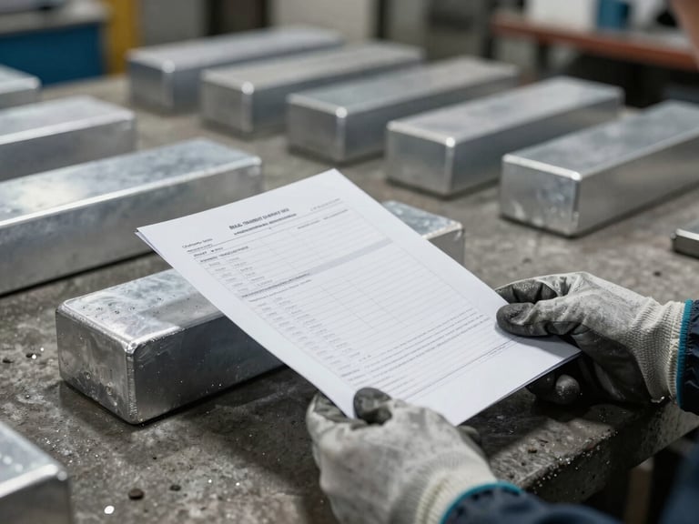 Hands in industrial gloves holding an aluminum ingot spec sheet over a concrete workbench, tungsten workshop lighting from above, stacked ingots blurred in the background, Minas Gerais production facility