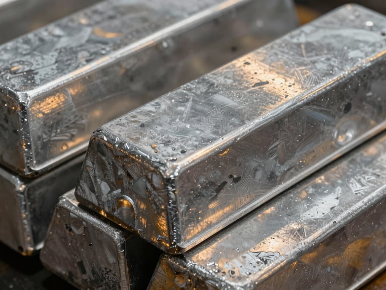 Extreme close-up of aluminum ingot surface texture and grain, tungsten light raking across the metallic ridges, ingot stacked in rows, warm amber reflections on the cool grey alloy