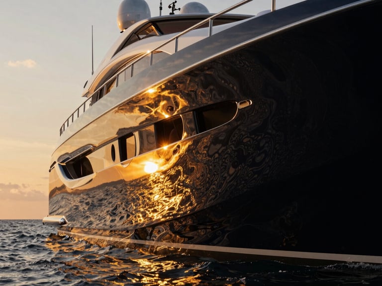 Low-angle dramatic shot of a superyacht hull reflecting gold sunset light on polished black gelcoat, water sheeting off, luxury editorial photography, high-contrast reflections, 35mm