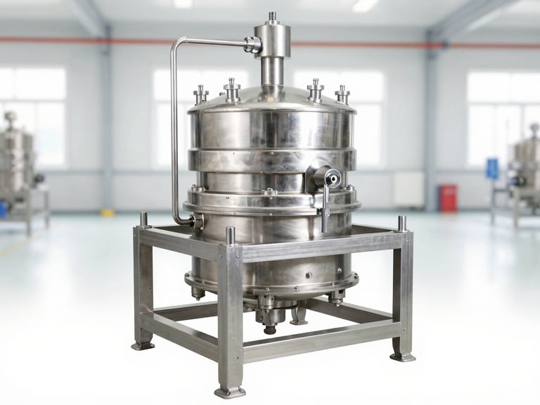 Crisp industrial product photography of a stainless steel oil press machine and filtration system in a bright clean factory setting
