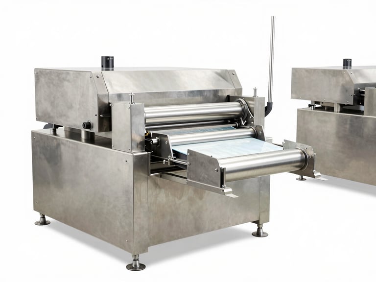 Wide-angle environmental shot of an automated pasta extrusion machine in a clean, bright factory setting, stainless steel components, high-key lighting.