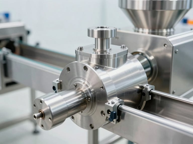 Crisp industrial product photography of a modern stainless steel food processing line in a bright clean factory setting, macro details of engineered components