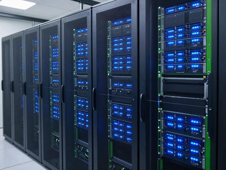 A wide panoramic shot of a server room, glowing blue LED lights on racks, a secure network overlay, focus on data protection, professional technology photography, bright natural daylight, crisp navy and green accents, sharp focus, 35mm.