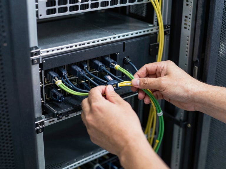 A technician's hands adjusting cables in a server rack, clean cable management, focus on server configuration, professional technology photography, bright natural daylight, crisp navy and green accents, sharp focus, 35mm.