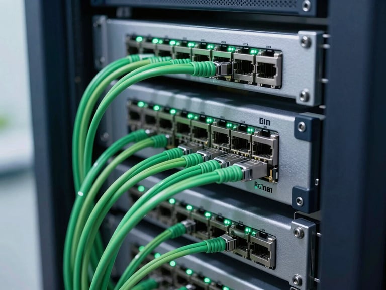 Close-up of server rack with clean cable management, network cables glowing green, cool-toned LED indicators, bright natural daylight, crisp navy and green accents, sharp focus, 35mm