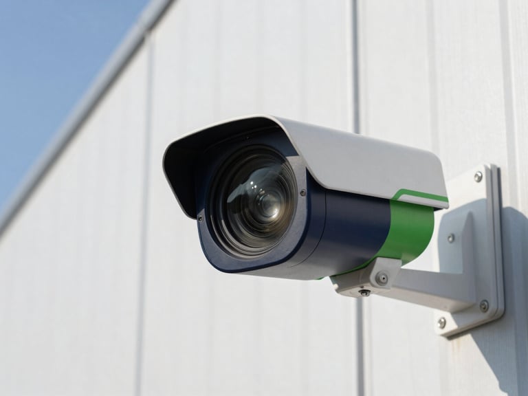 Close-up of a high-definition security camera lens mounted on a modern warehouse wall, focused on a wide-angle view, professional technology photography, bright natural daylight, crisp navy and green accents, sharp focus, 35mm