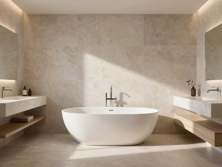 Wide environmental shot of a minimalist luxury bathroom with a freestanding tub, large format stone tiles, and a floating vanity under soft natural light. Clean geometric lines.